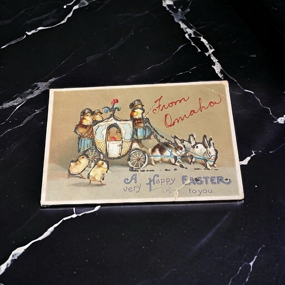 Vtg 1910 Anthropomorphic Chicks Soldiers Driving Bunny Rabbits Carriage Easter - Picture 1 of 9